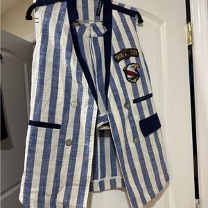 Blue and White Striped Linen Vest and Shorts Set with Patches and belt